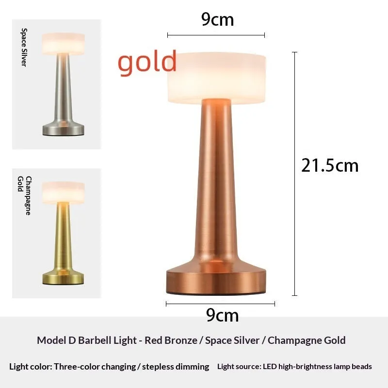 LED dumbbell creative night light with modern minimalist design in gold, silver, and red copper finishes, acrylic style