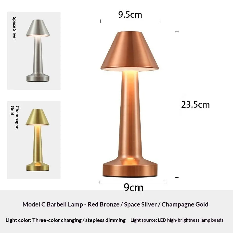 LED dumbbell creative night light with modern minimalist design in gold, silver, and red copper finishes, acrylic style