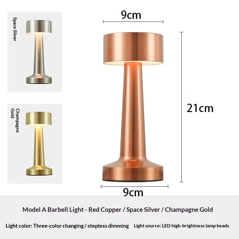 LED dumbbell creative night light with modern minimalist design in gold, silver, and red copper finishes, acrylic style