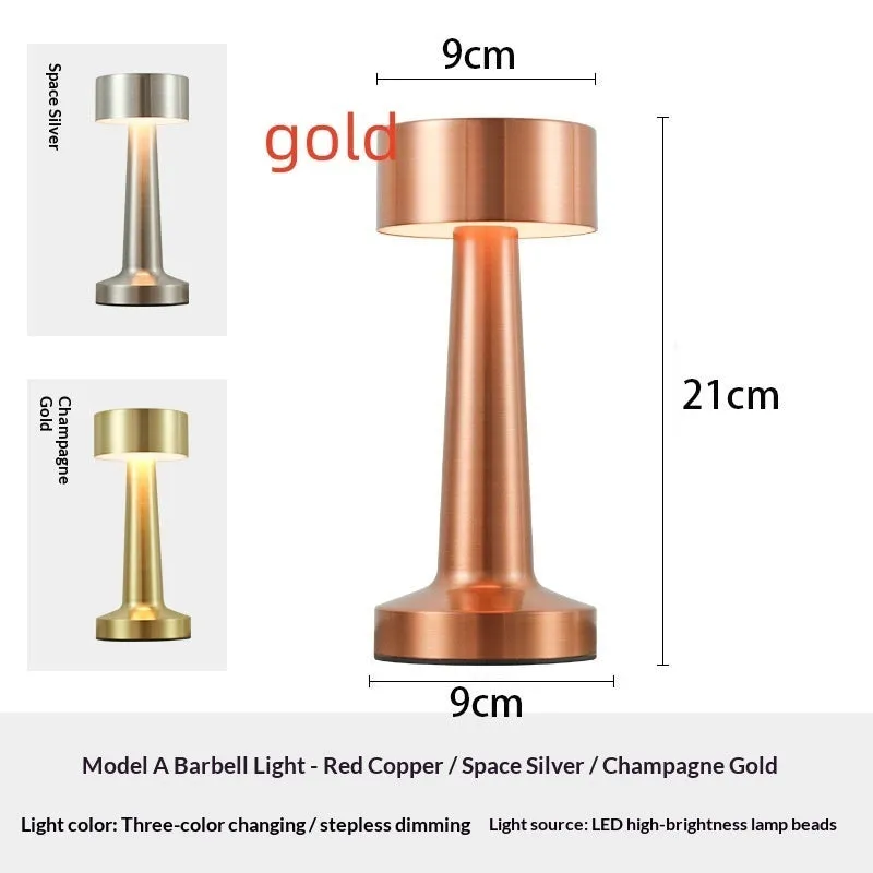 LED dumbbell creative night light with modern minimalist design in gold, silver, and red copper finishes, acrylic style