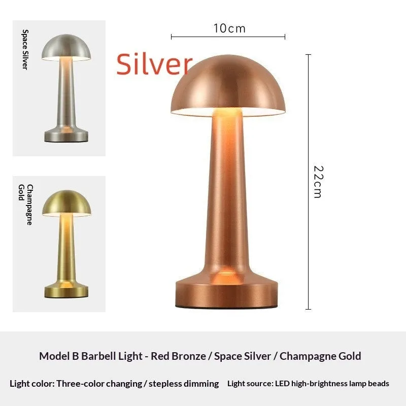 LED dumbbell creative night light with modern minimalist design in gold, silver, and red copper finishes, acrylic style
