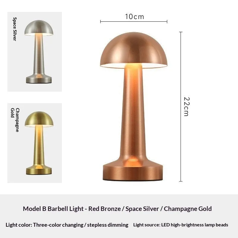 LED dumbbell creative night light with modern minimalist design in gold, silver, and red copper finishes, acrylic style