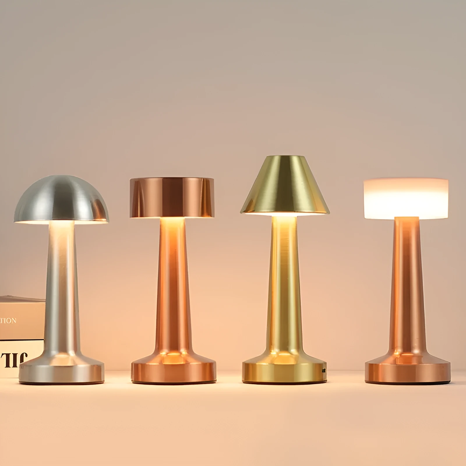 LED dumbbell creative night light with modern minimalist design in gold, silver, and red copper finishes, acrylic style