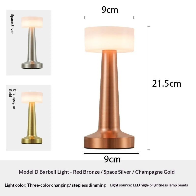 LED dumbbell creative night light with modern minimalist design in gold, silver, and red copper finishes, acrylic style