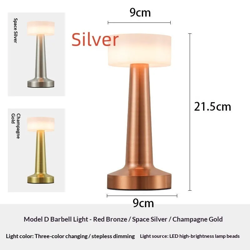 LED dumbbell creative night light with modern minimalist design in gold, silver, and red copper finishes, acrylic style