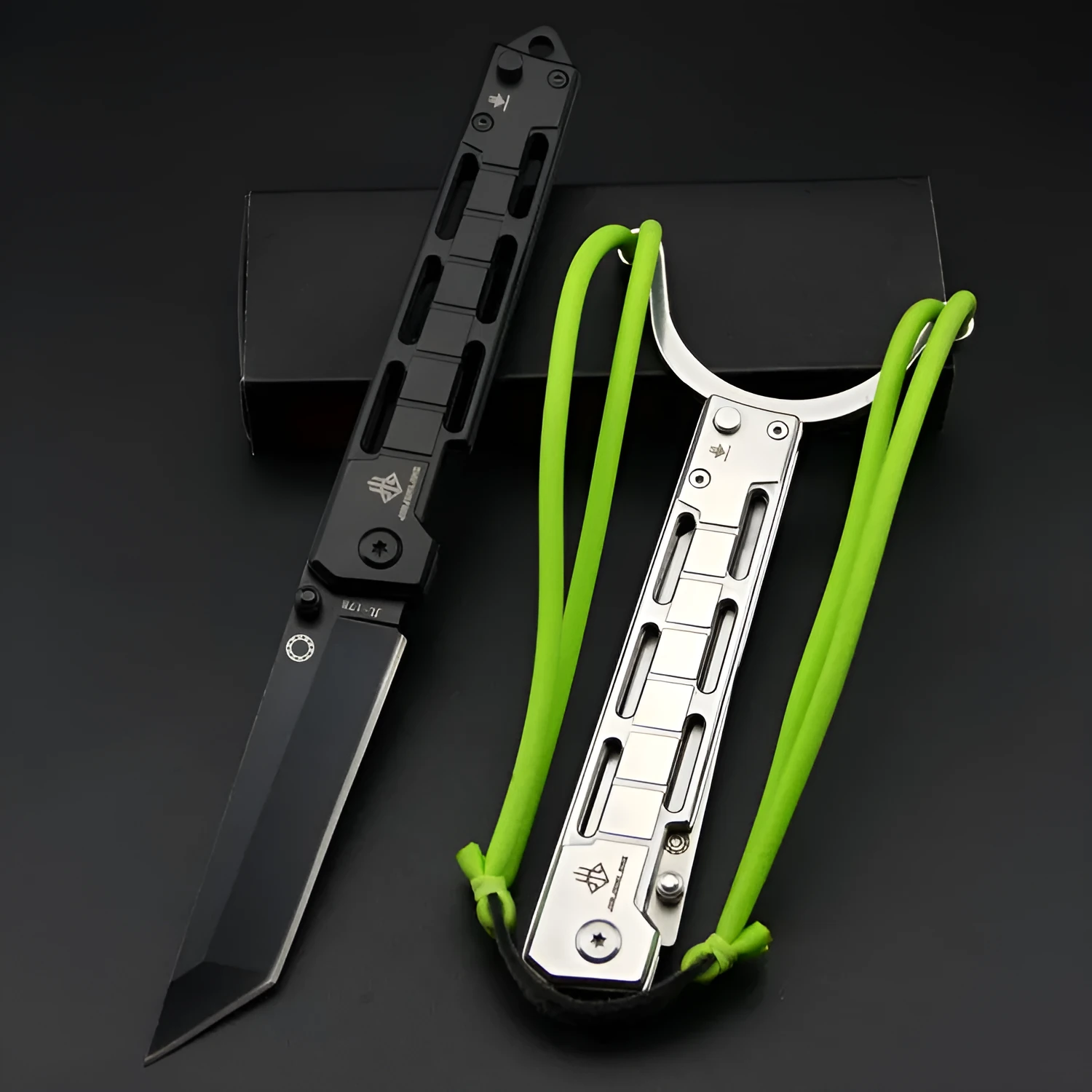 Folding slingshot knife with 8.5cm stainless steel blade and 120mm handle in natural steel finish