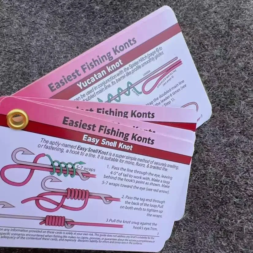 Set of 5 metal fishing knot diagram cards with clear knot illustrations on a metal surface