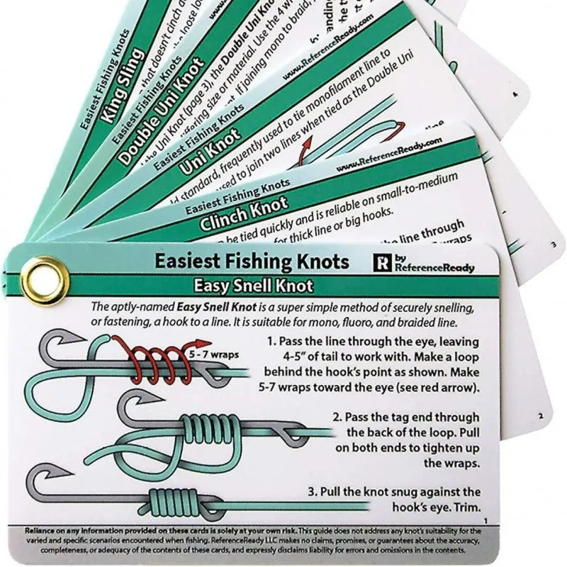 Set of 5 metal fishing knot diagram cards with clear knot illustrations on a metal surface