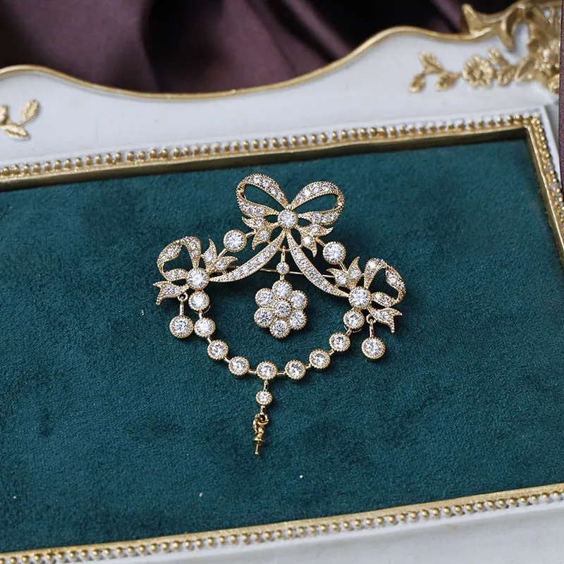 Gold court-style crown tassel brooch with micro-inlaid zircon stones in heart shape on copper base