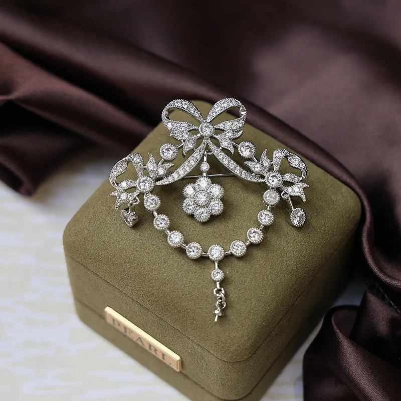 Gold court-style crown tassel brooch with micro-inlaid zircon stones in heart shape on copper base
