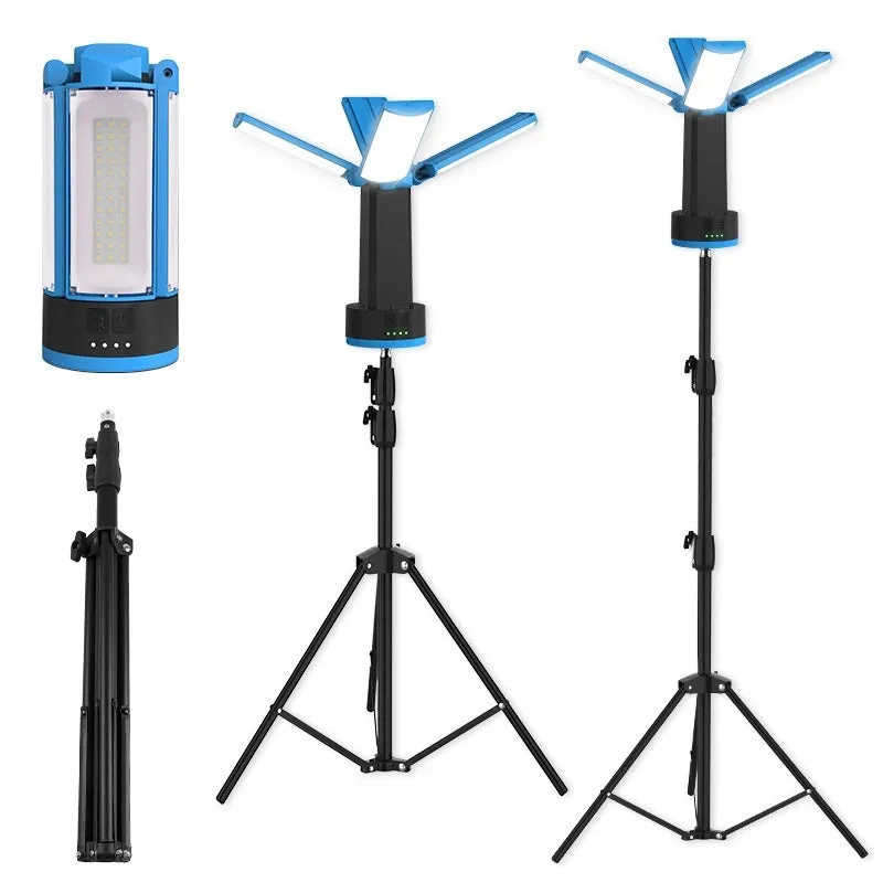 Blue outdoor multi-function work light with four-leaf fold design, LED lamp, and folding bracket