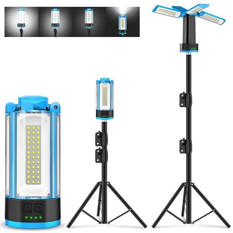 Blue outdoor multi-function work light with four-leaf fold design, LED lamp, and folding bracket
