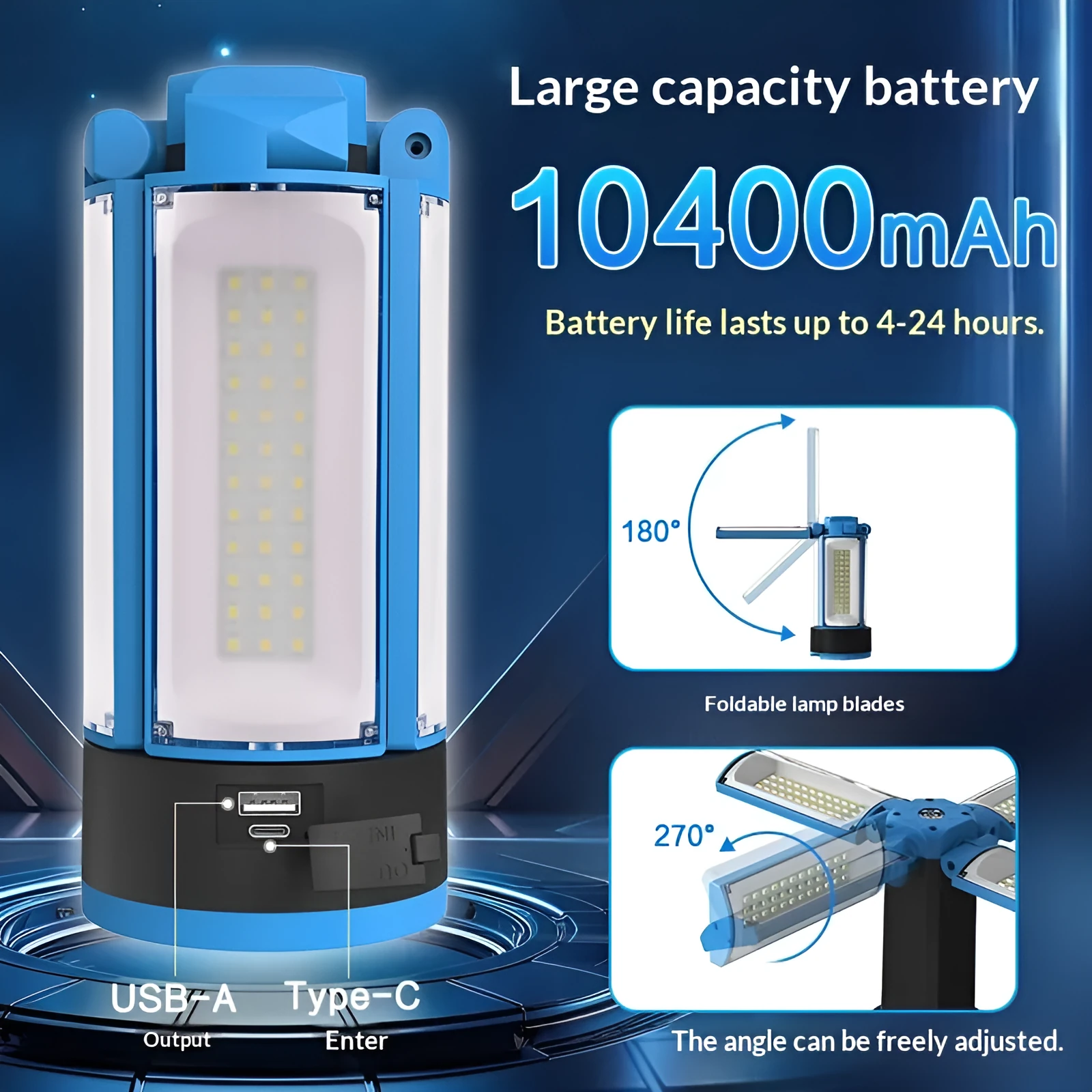 Blue outdoor multi-function work light with four-leaf fold design, LED lamp, and folding bracket