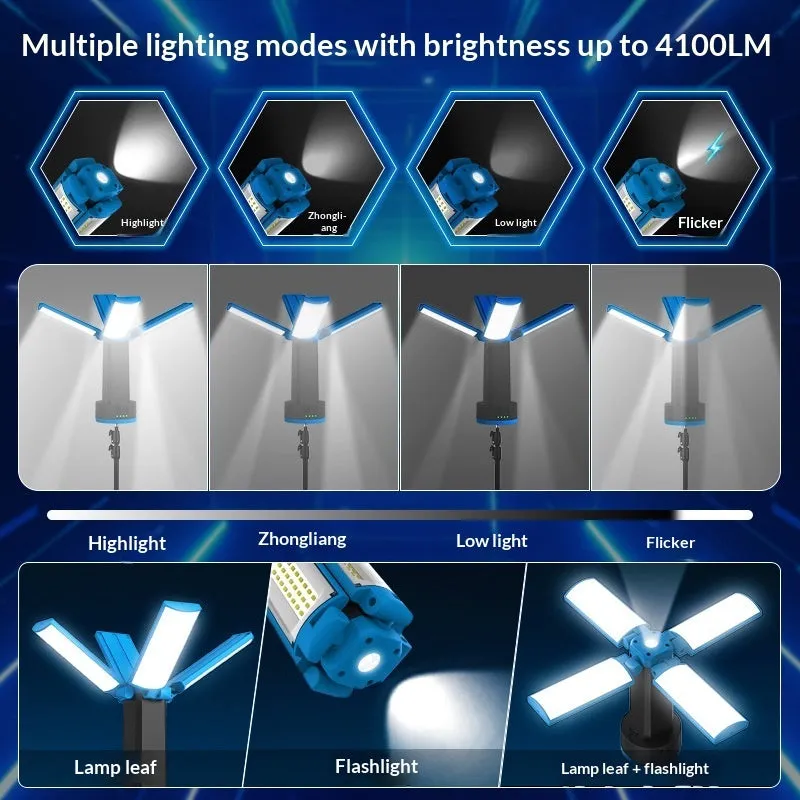 Blue outdoor multi-function work light with four-leaf fold design, LED lamp, and folding bracket