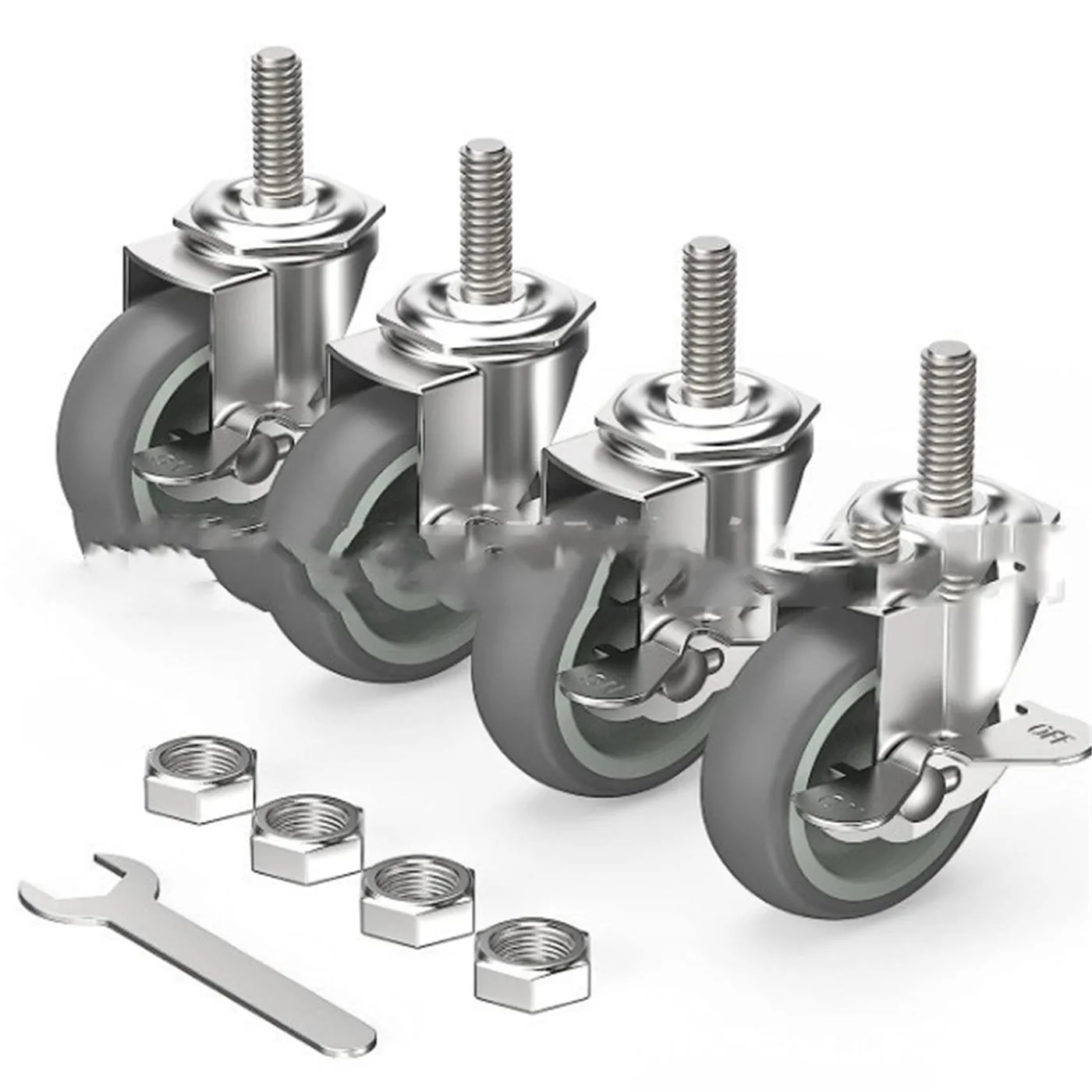 Set of 4 metal light industrial casters with TPR wheels, 50mm diameter, including one brake caster