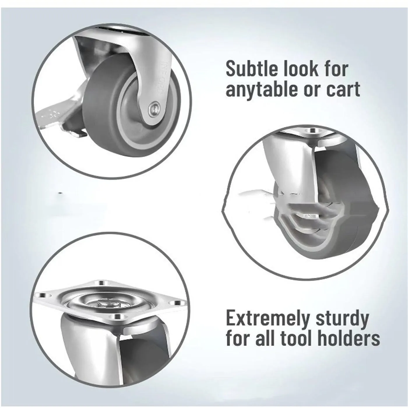 Set of 4 metal light industrial casters with TPR wheels, 50mm diameter, including one brake caster