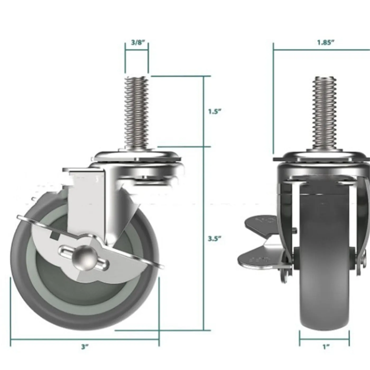 Set of 4 metal light industrial casters with TPR wheels, 50mm diameter, including one brake caster