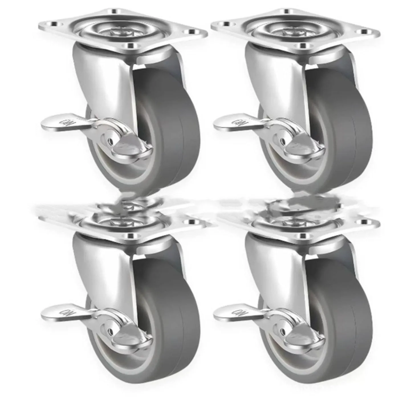 Set of 4 metal light industrial casters with TPR wheels, 50mm diameter, including one brake caster