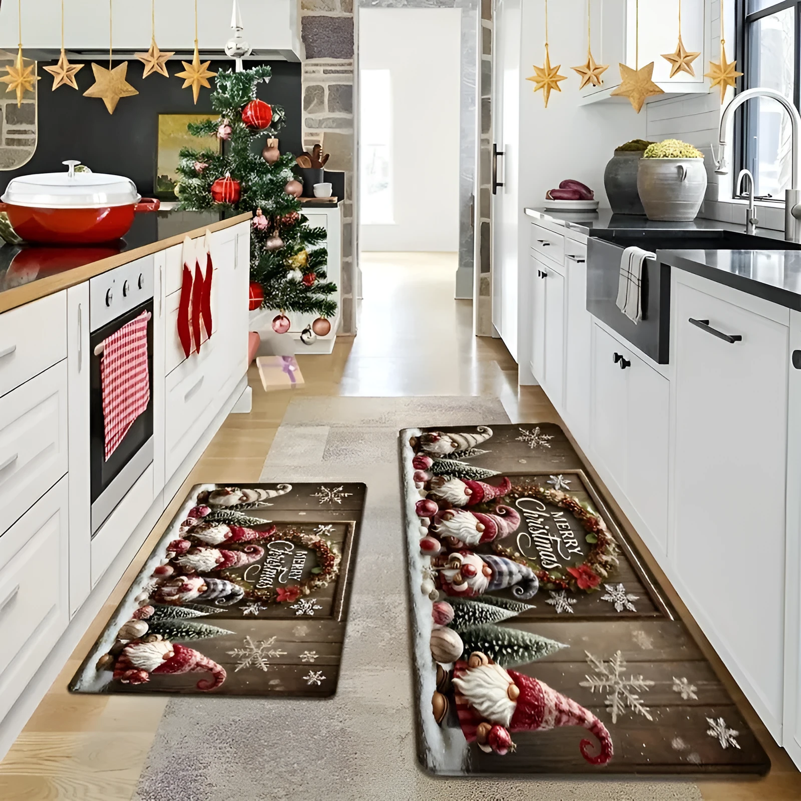 Christmas cartoon printed polyester suede anti-slip kitchen mat set with two sizes