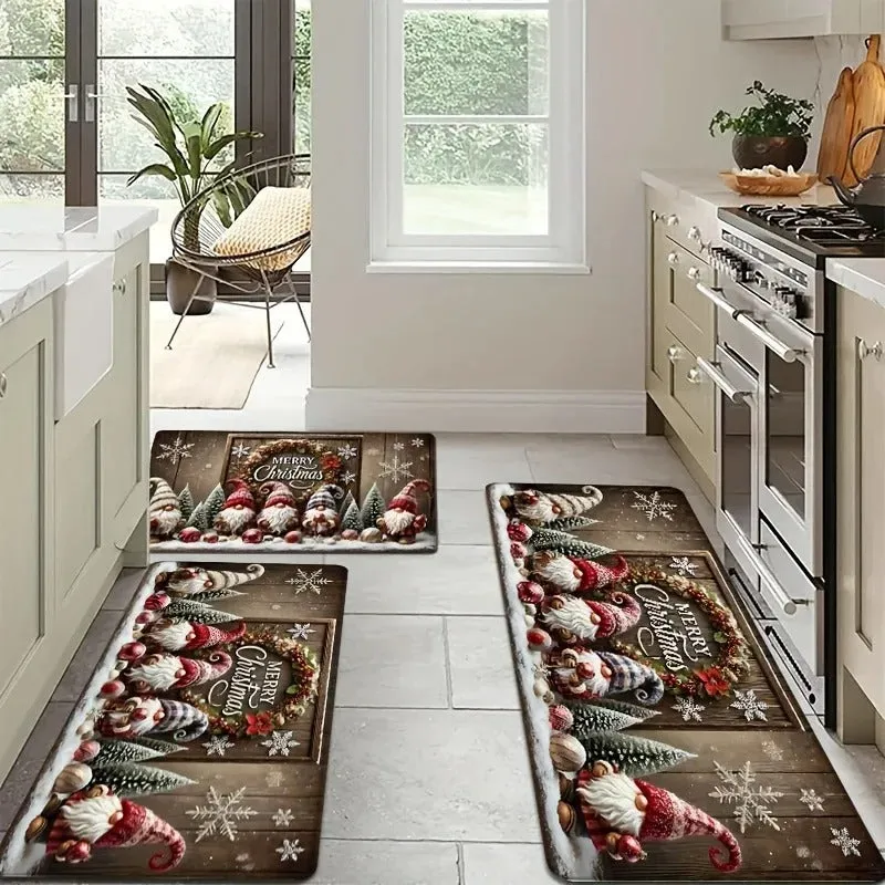 Christmas cartoon printed polyester suede anti-slip kitchen mat set with two sizes