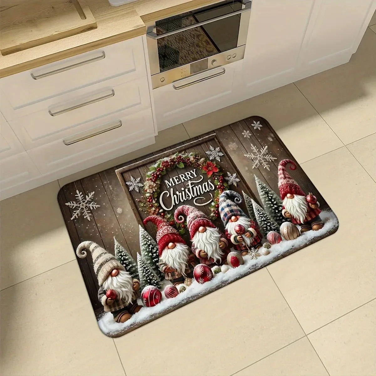 Christmas cartoon printed polyester suede anti-slip kitchen mat set with two sizes