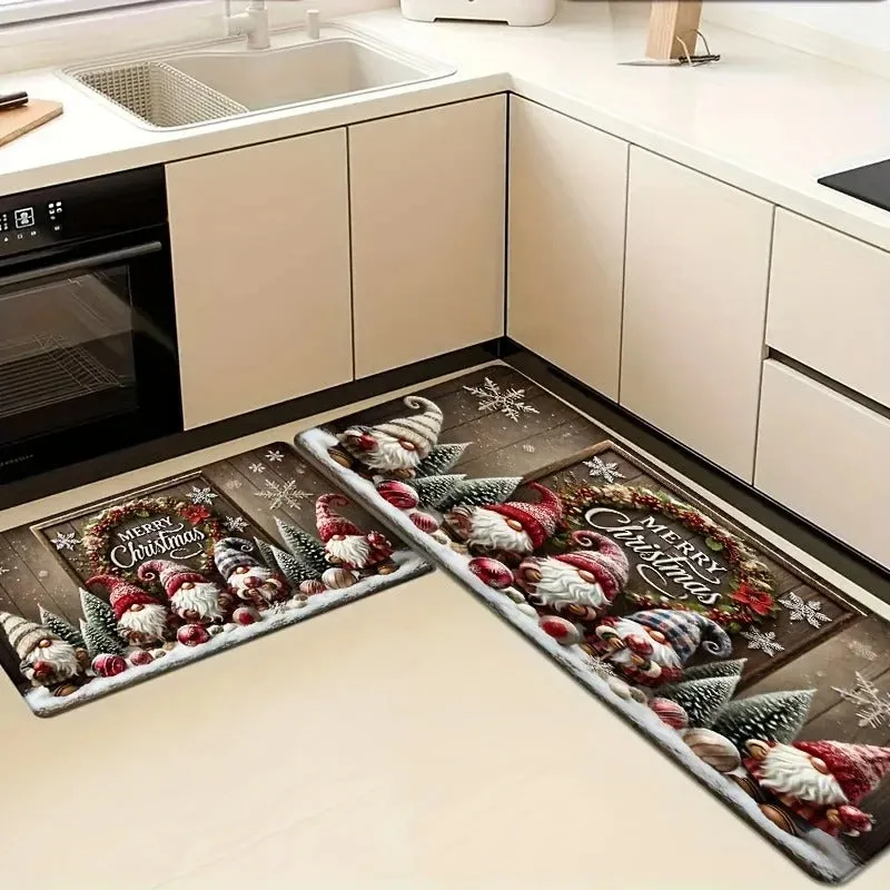 Christmas cartoon printed polyester suede anti-slip kitchen mat set with two sizes