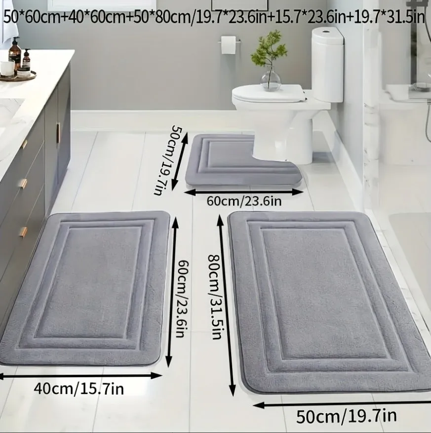 Three-piece PVC bathroom floor mat set in grey stripes - one large, one medium, one small mat for bathroom use