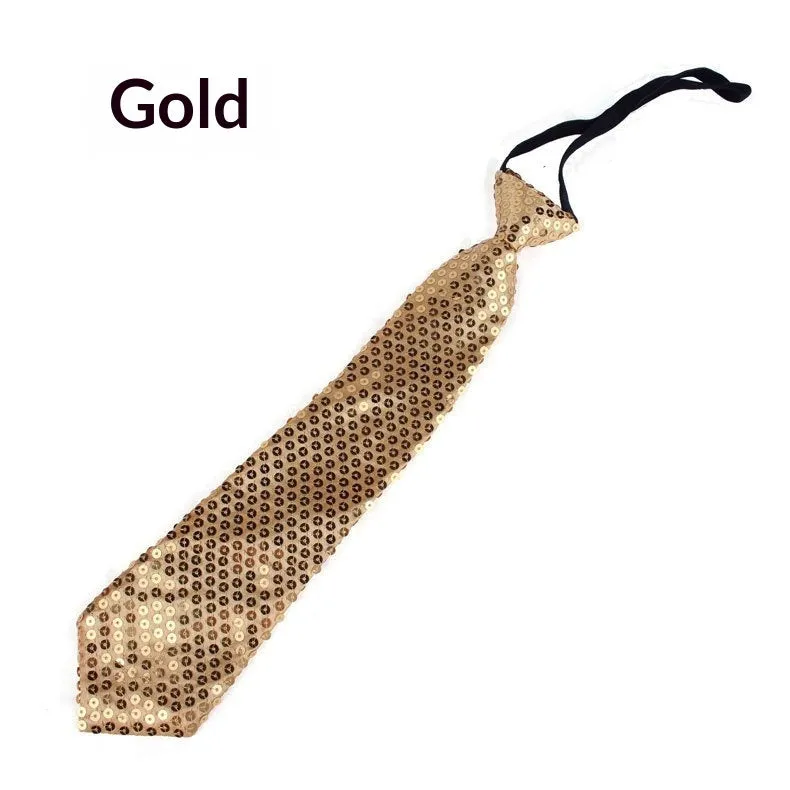 Gold sequin striped no-tie bow tie on collar for Halloween or jazz costume