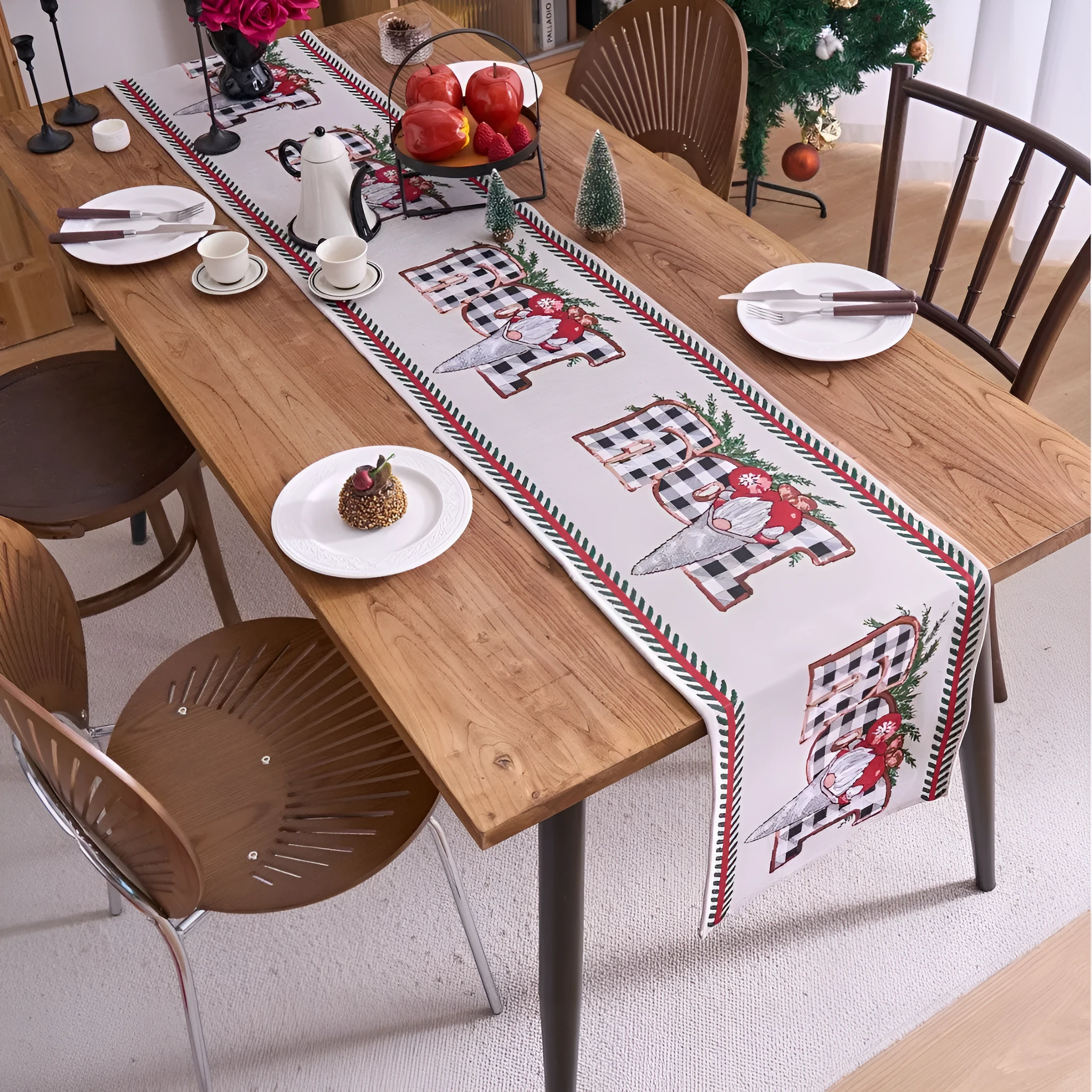 Home Christmas jacquard table runner in polyester cotton with jacquard red deer flat hem design on a table setting