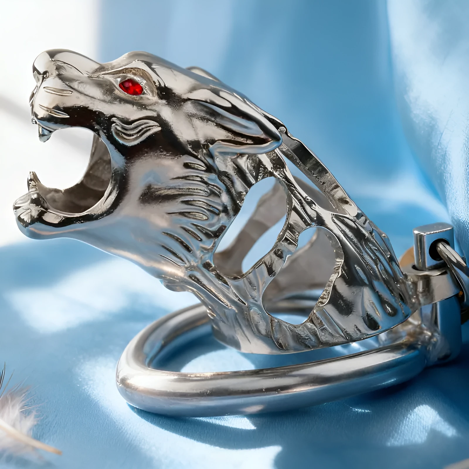 Yellow stainless steel chastity lock with tiger head hollow design, available in 40mm 45mm 50mm