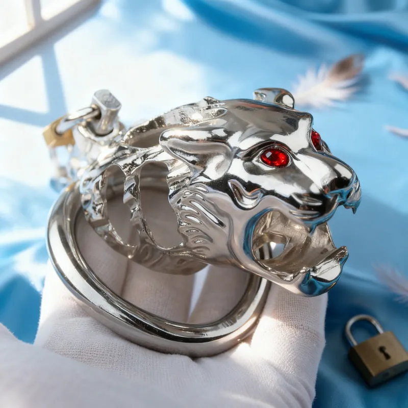 Yellow stainless steel chastity lock with tiger head hollow design, available in 40mm 45mm 50mm