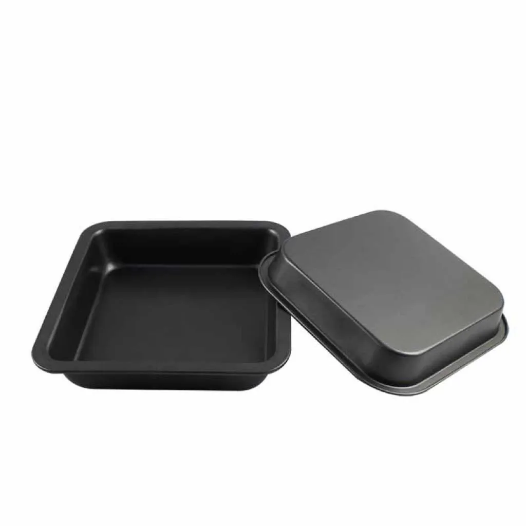 Square pizza baking pan in black finish with non-stick coating on carbon steel base