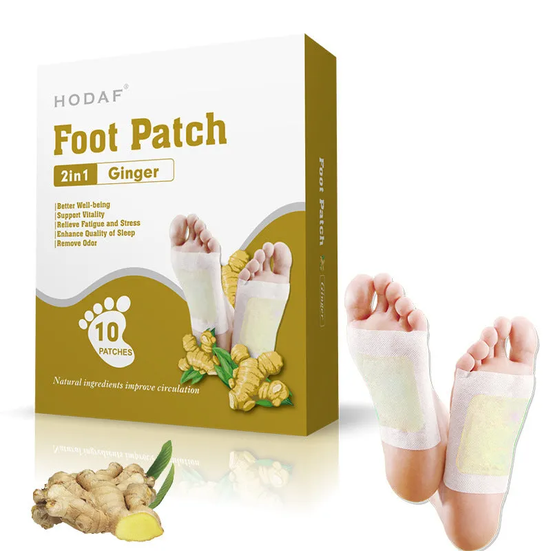 Wood vinegar foot patch with mint scent for adults, 10 pieces per box, placed on a foot sole.