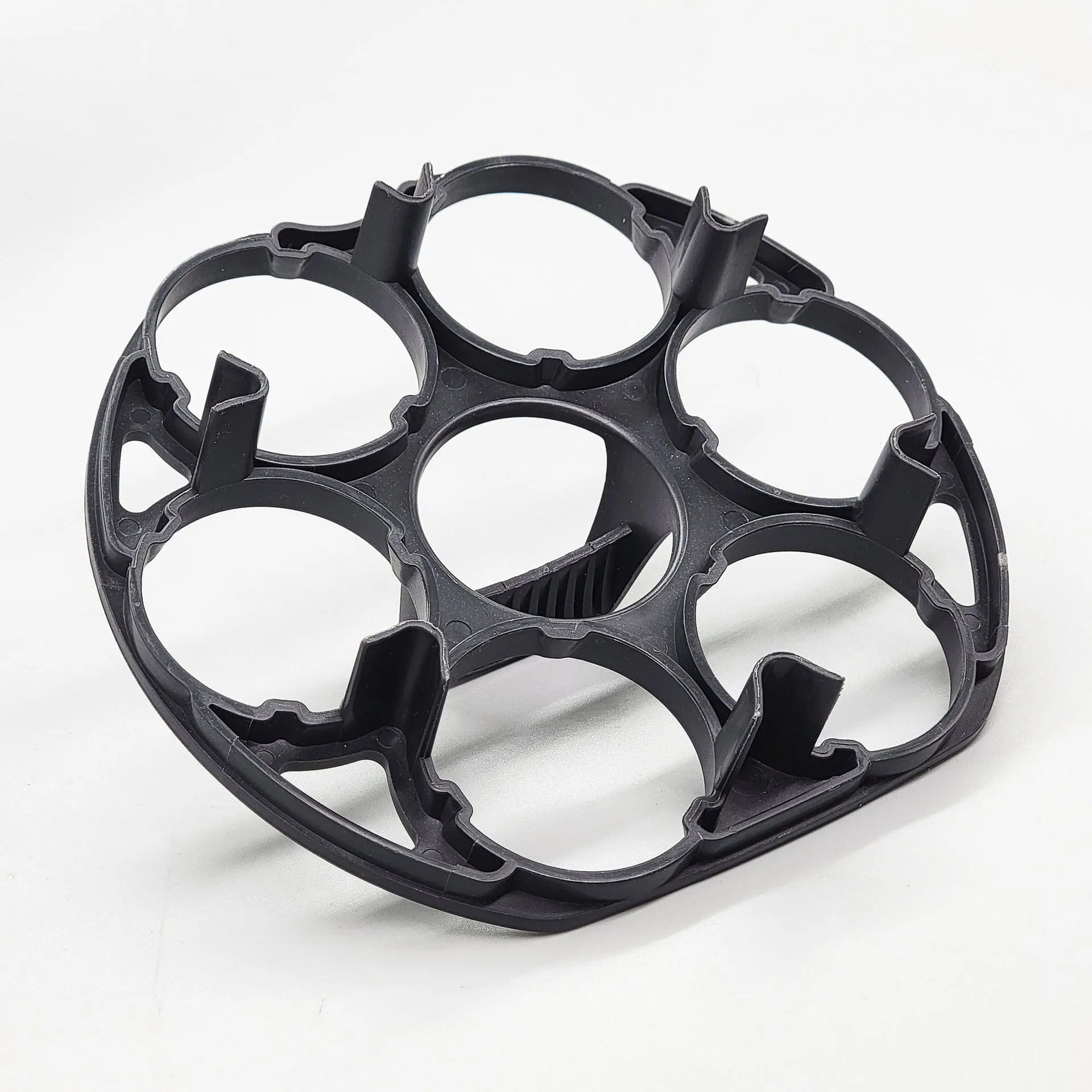 Black plastic egg holder basket with retainer function, dimensions 13.8 x 12.6 x 5.7 cm
