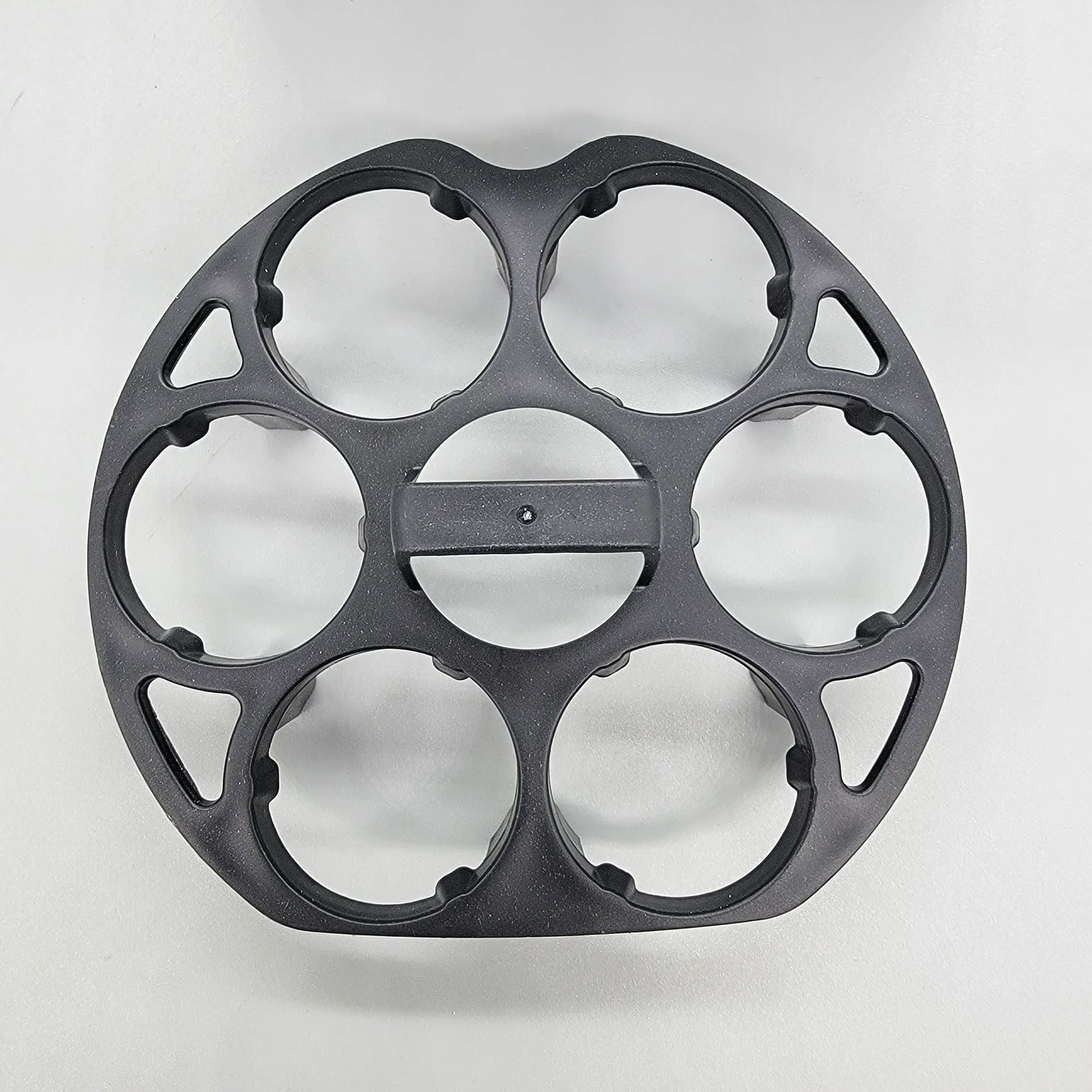 Black plastic egg holder basket with retainer function, dimensions 13.8 x 12.6 x 5.7 cm