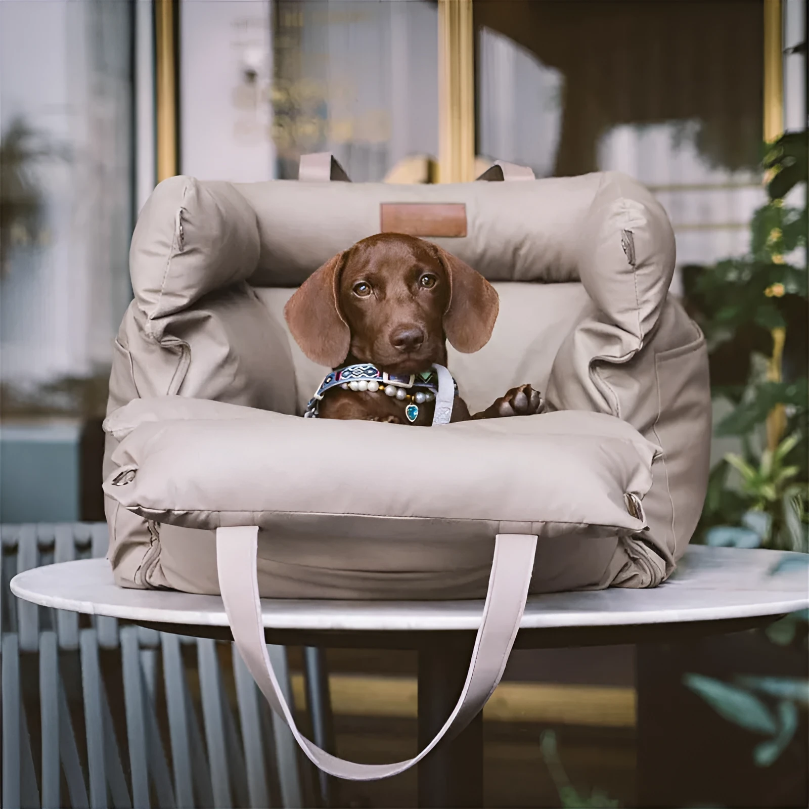 Green waterproof PU leather dog car nest with removable cover, dimensions 55cm by 50cm by 45cm.