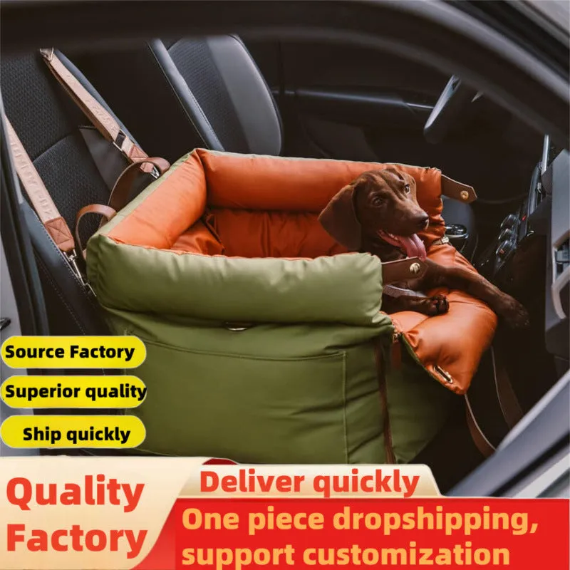 Green waterproof PU leather dog car nest with removable cover, dimensions 55cm by 50cm by 45cm.