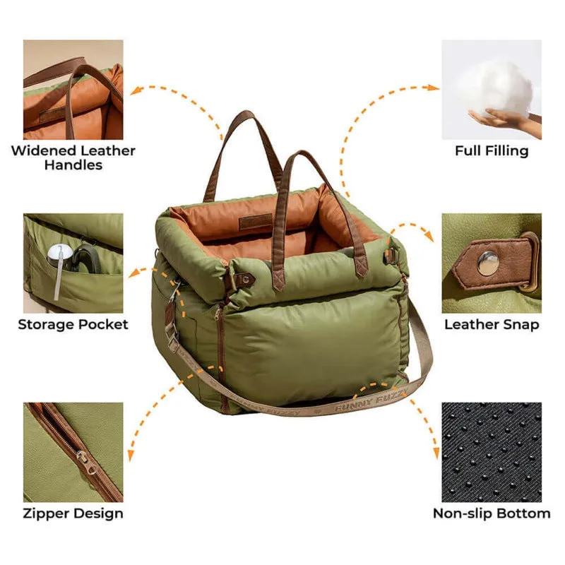 Green waterproof PU leather dog car nest with removable cover, dimensions 55cm by 50cm by 45cm.