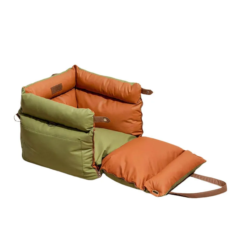 Green waterproof PU leather dog car nest with removable cover, dimensions 55cm by 50cm by 45cm.