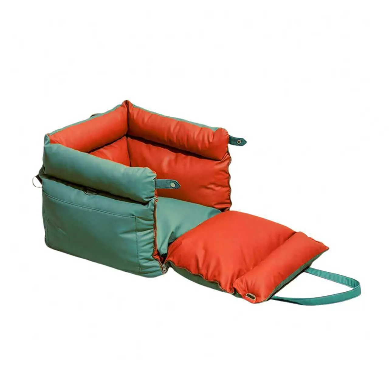 Green waterproof PU leather dog car nest with removable cover, dimensions 55cm by 50cm by 45cm.
