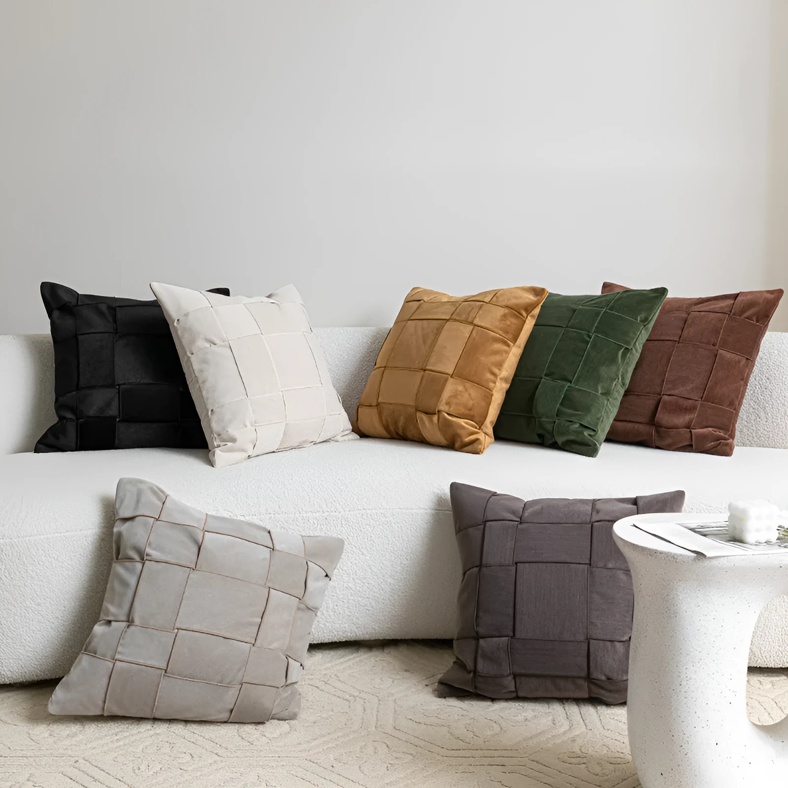 Square chenille woven sofa cushion in beige with textured surface, 50x50cm