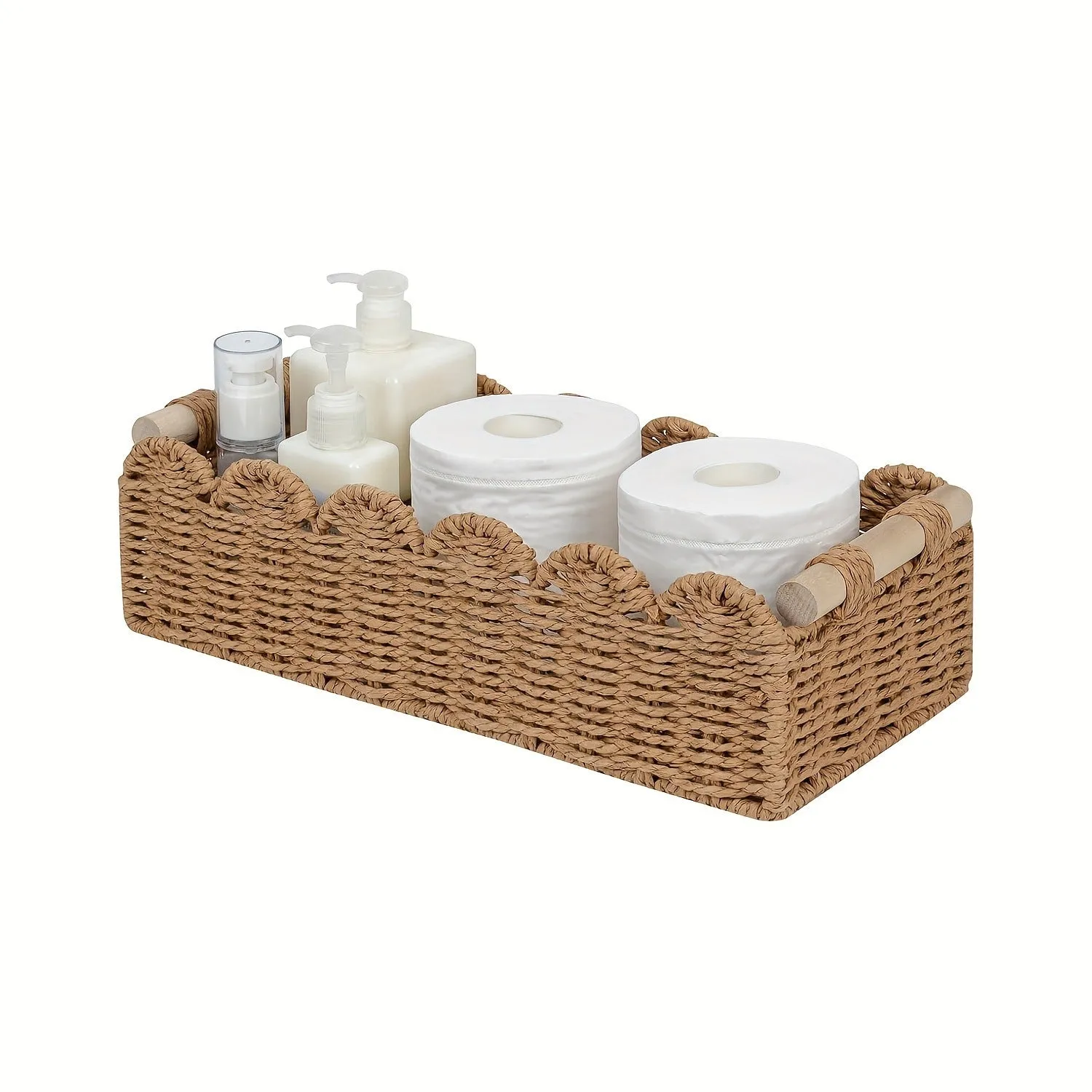Rectangular woven paper storage basket in a neutral colour on a wooden tabletop.