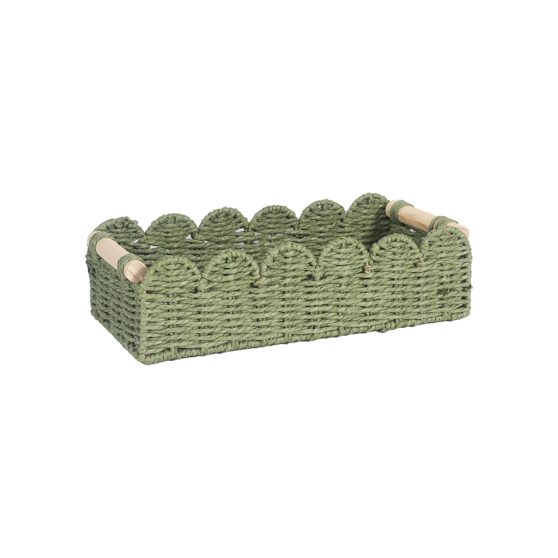 Rectangular woven paper storage basket in a neutral colour on a wooden tabletop.
