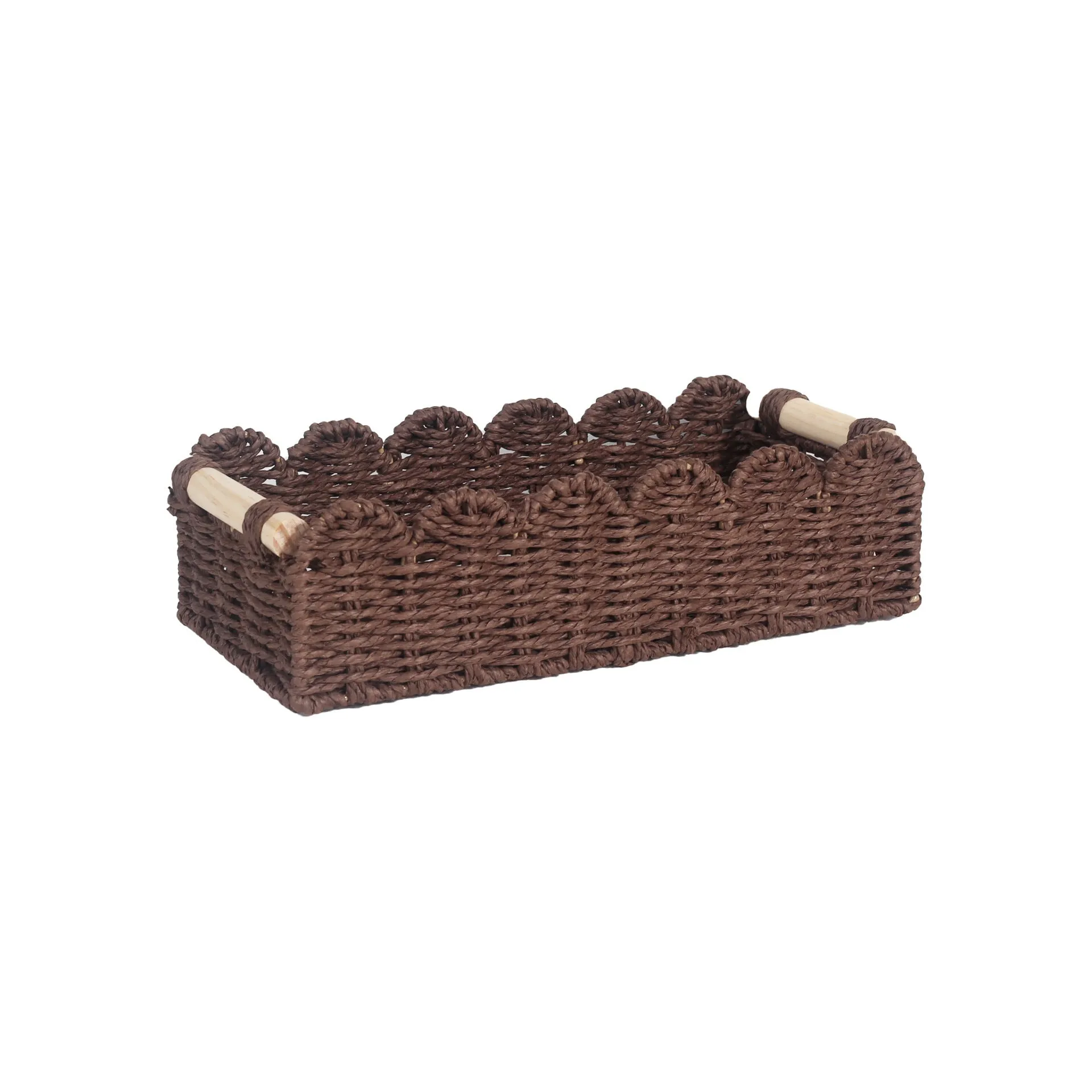 Rectangular woven paper storage basket in a neutral colour on a wooden tabletop.