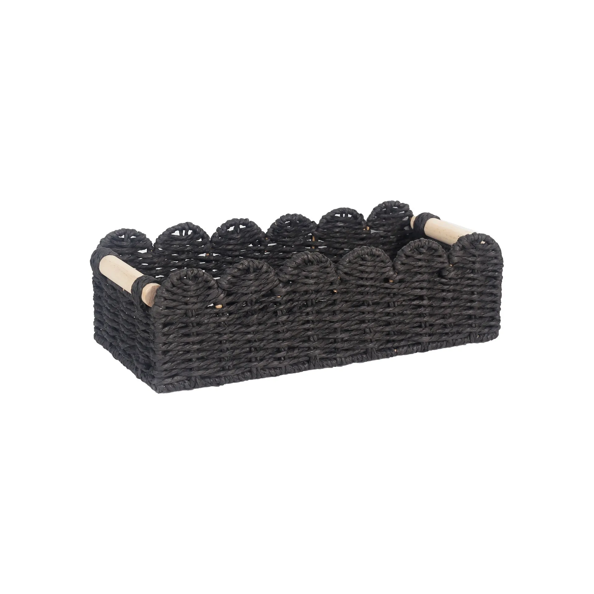 Rectangular woven paper storage basket in a neutral colour on a wooden tabletop.