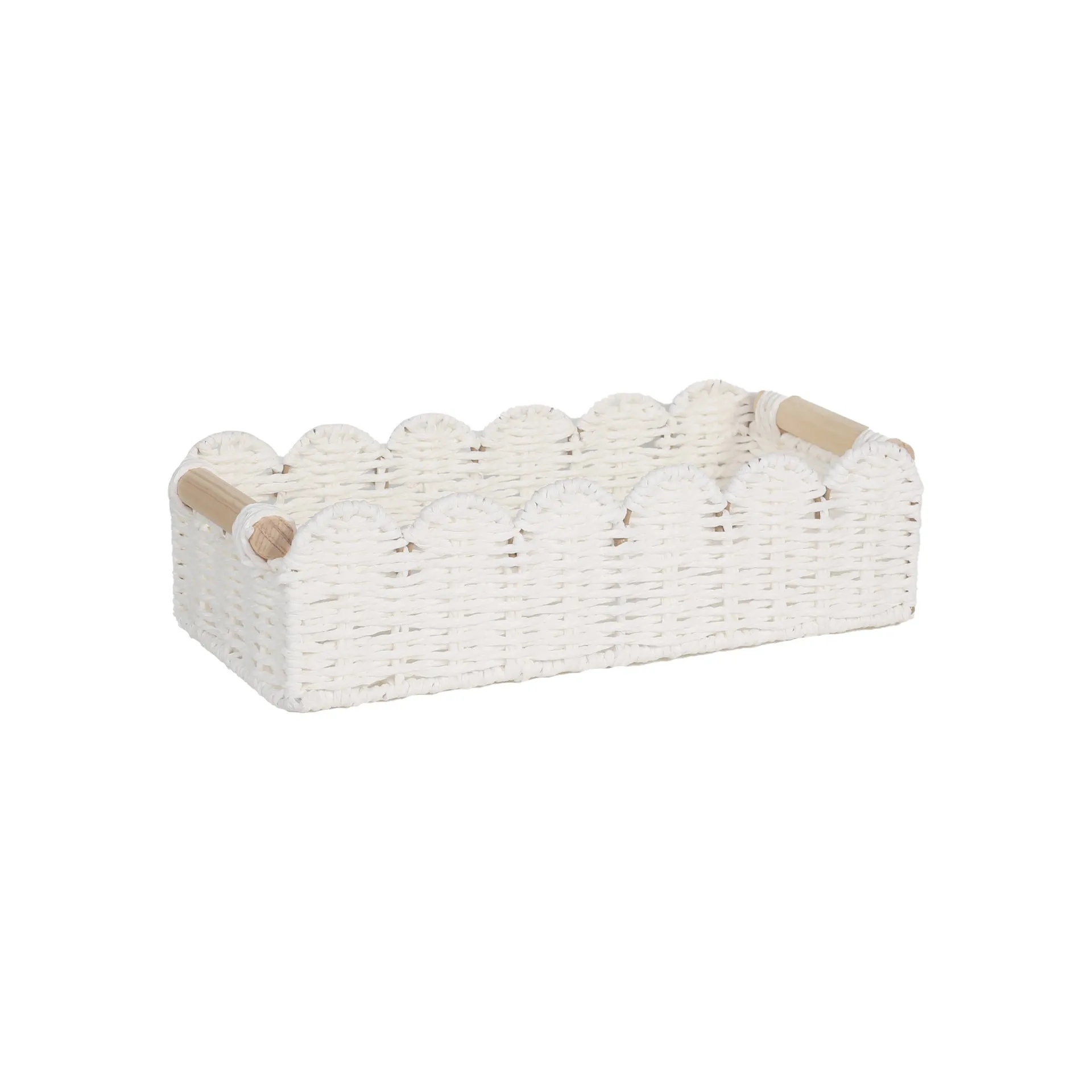 Rectangular woven paper storage basket in a neutral colour on a wooden tabletop.