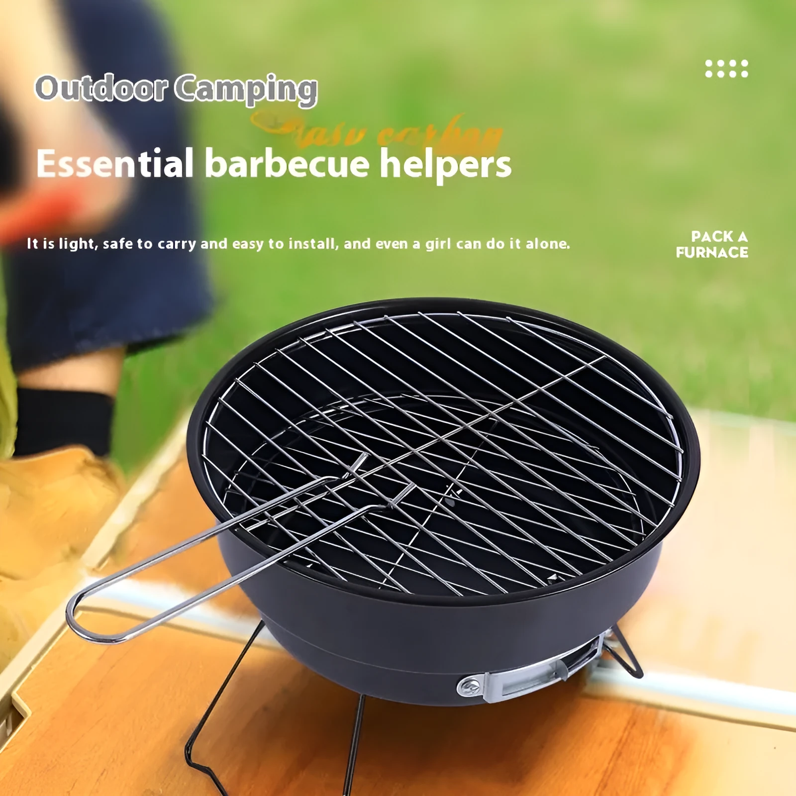 Small round folding ice stove with grill mesh and barbecue grill for 1-2 people.