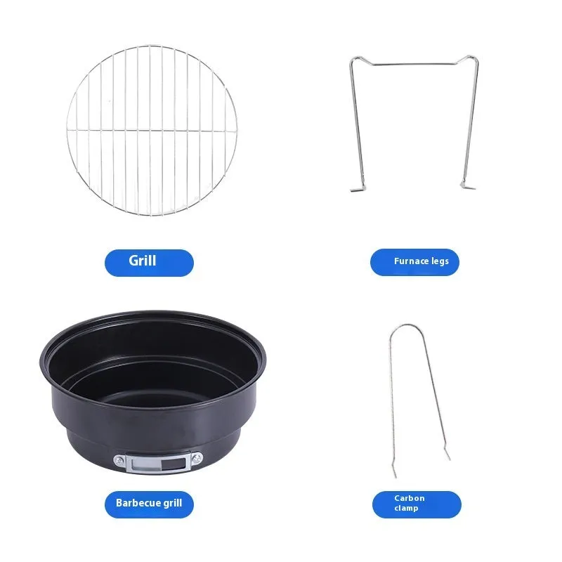 Small round folding ice stove with grill mesh and barbecue grill for 1-2 people.