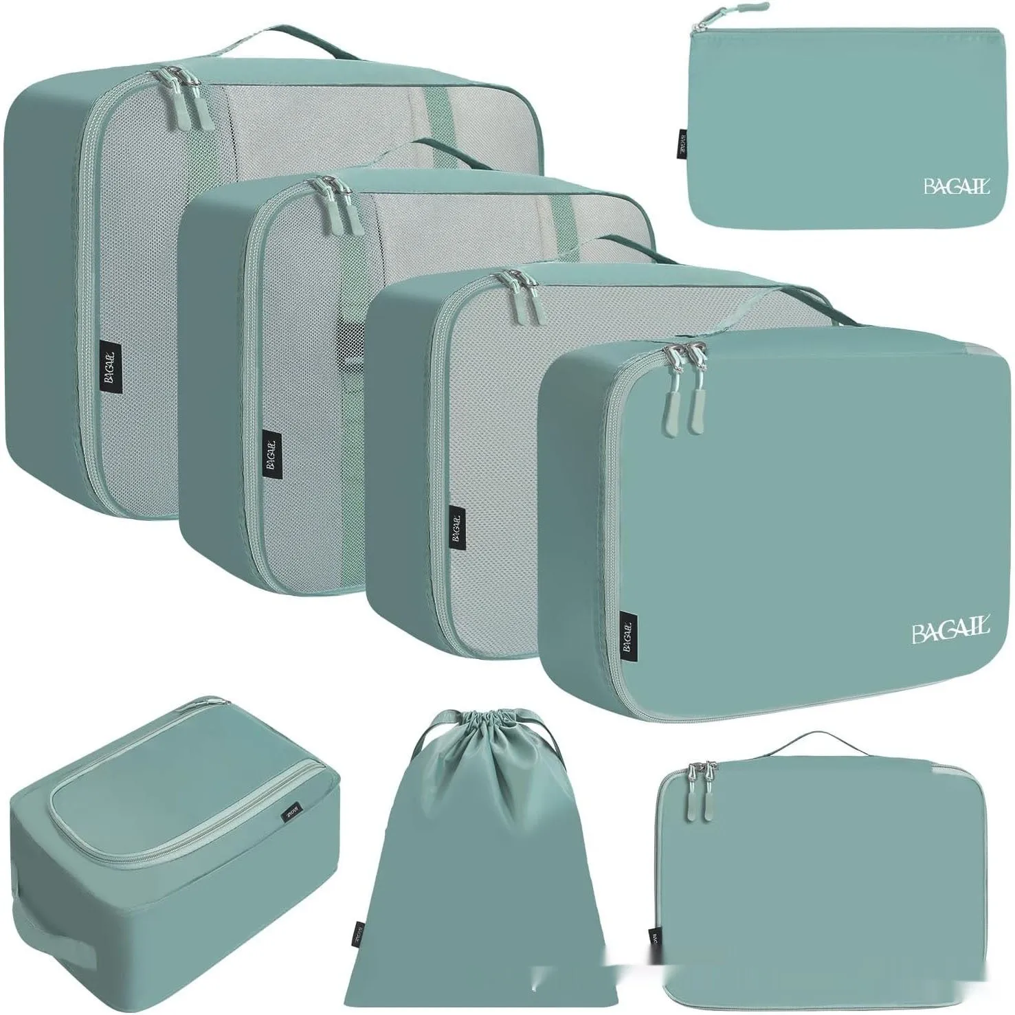 Set of eight cubic packing organisers in assorted solid colours including beige, black, and pink.
