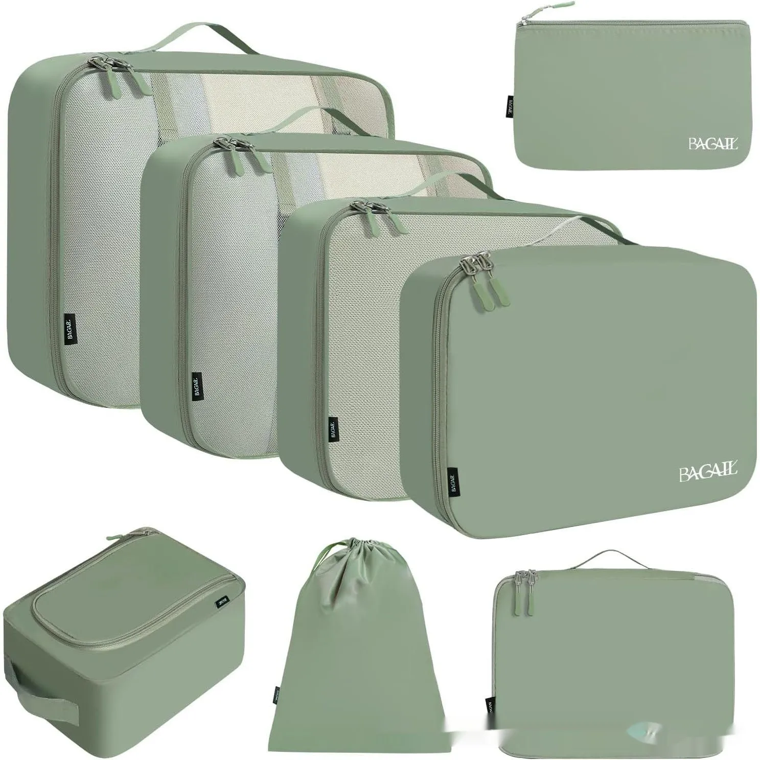 Set of eight cubic packing organisers in assorted solid colours including beige, black, and pink.